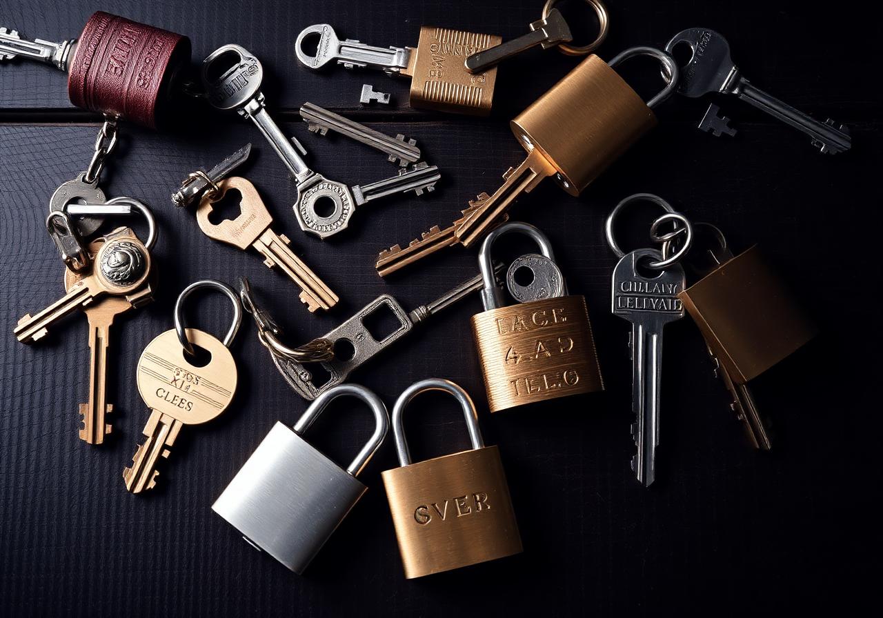 Assortment of keys and locks for residential and commercial locksmith work